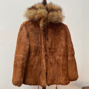 Vintage Orange Rabbit Real Fur Coat with Hood